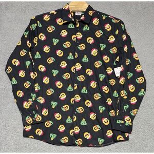 North Pole Long Sleeve Button Up Christmas Happy Helpers Emoji Shirt Mens 2XLT